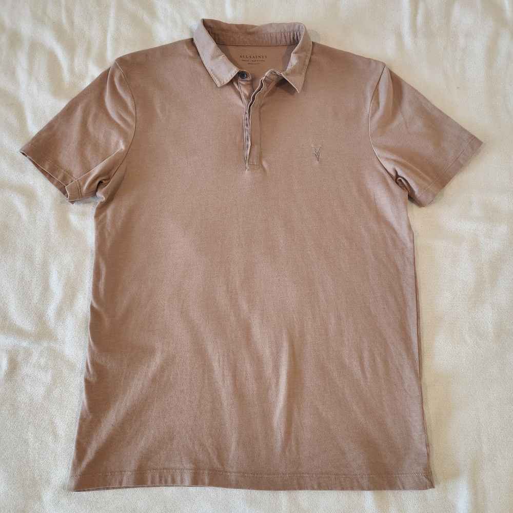 AllSaints Brace Polo Shirt Men's Medium Short Sleeve Tan Taupe Beige